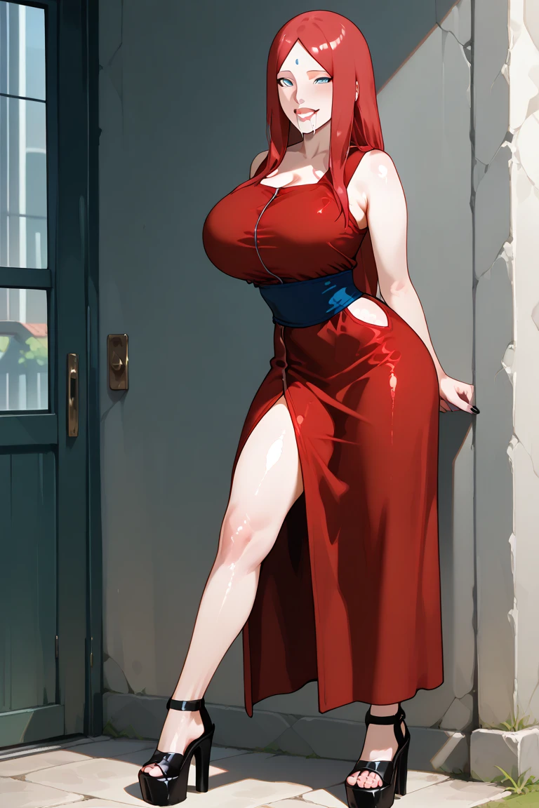 long wavy hair, vibrant fiery red hair, skinny, flirtatious curves, gigantic breasts, 2 breasts, anime girl, no bra, erect nipples poking through dress, standing, hand on hip, blowing a kiss to viewer, black high heels, with a deep red hue dress with an intricate blue pattern, and lace overlay, high neckline, form-fitting, ankle length, slit up to the knee
