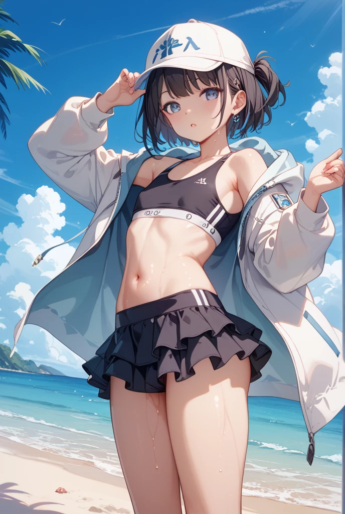 masterpiece, top-quality, hight resolution, Hi-Res, ultra-detailliert, 1girl in, Full limbs, complete fingers, NSFW:1.2, Slender 18 year old beautiful active girl, Brown-eyed, Slender eyes, A dark-haired, extra very short hair, (Black skin:1.2), (light blu:1.2, Sports Bra, light blu:1.2, Sports Bikini), (track and field:1.2), Sweat-drenched sports bra and sports bikini, Heavy sweat all over the body, wet, wetting hair, A smile, High school students, full body Esbian, Standing on one leg, Bust 86, Waist 58, Hip 88, ((full of sweat)), (Put your hands behind your head, Show the armpits:1.28), (Tempered body, Toned body, Split abs:1.1), Sexy Posing