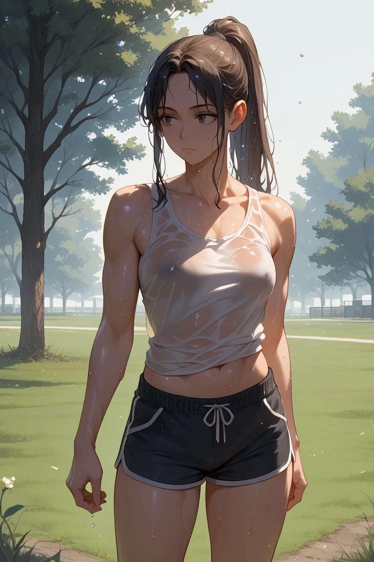 (absurdres:1.5), (anatomically correct), (wet sports bra), (low rise), (raw photo:1.2), (photorealistic:1.4), 1girl, ultimate quality, masterpiece, extremely detailed CG unity 8k wallpaper, ultra-detailed, ultimate detailed eyes and face, brown puffy eyes, (spotlight, perfect lighting, detailed light, dramatic shadow, ray tracing), looking at viewer, ((full body)), (ultimate detailed brown low ponytail), (((body dripping with sweat))), gross lips, oblique high angle, sunrise, mega breasts, (((in nature forest))), (((running away))), slender, laughing, ((revealing clothes)), windy, fisheye