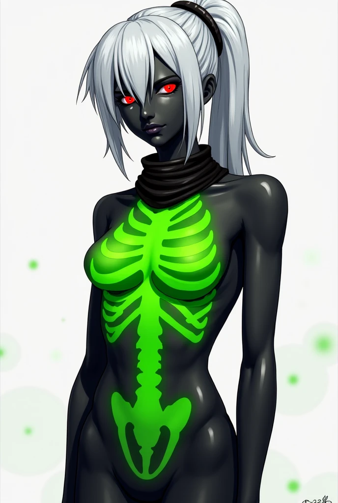 Undead skeletal zombie with open chest with a fungus inside Neon green with sprouts and roots covering the body Neon green eyes Destroyed ranger clothing Dirty arms covered by roots and legs with blisters covering his body Toxic neon green blood gray background look at us facing the viewer