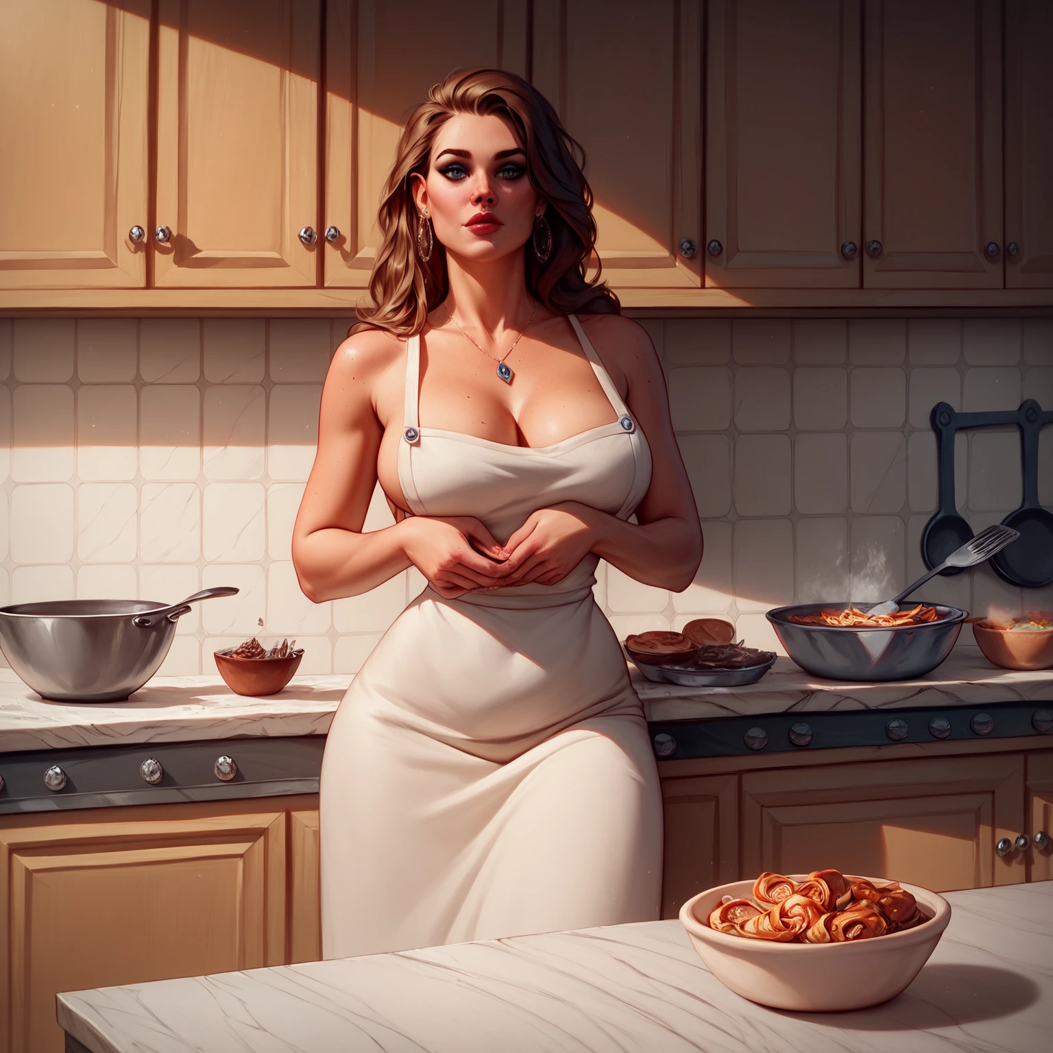 2heads, 1girl,conjoined, two heads side by side, cheeks touching, (8k Very Detailed CG Unit Wallpaper), (Best Quality), (Best Illustration), (Best Shadow), (Detail: 1.4), 3D, HDR (High Dynamic Range), Ray Tracing, NVIDIA RTX, Super Resolution, Subsurface Scattering, PBR Texture, Post Processing, Anisotropic Filtering, Depth of Field, Maximum Sharpness and Acutance, Multi-layer Textures, Albedo and Highlight Mapping, Surface Shading, Accurate Simulation of Light-Material Interactions, Perfect Proportions, Octane Rendering, Two-tone Lighting, Wide aperture , low ISO, white balance, rule of thirds, 8K RAW, intricate detail, fine pattern, deep shadows, masterpiece, realism, roughness, ultra-realistic, shot on Canon EOS R5, 50mm lens, f/2.8, sharp focus, smoothness, roughness, real life, realism, photography, 8k ultra hd, 1 girl, mature female, mature female, full body, short hair, ponytail, apron, earrings, huge breasts, large breasts, big breasts, bursting breasts, big breasts, full breasts, exposed breasts, bare breasts, narrow waist, big ass, big ass, sexy, wet, wet body, sweat, shiny skin, perfect female body, eating food, cooking, in the the kitchen,sfw