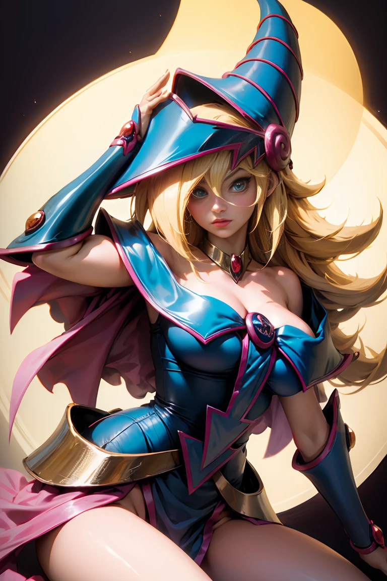 (masterpiece:1.2), (The best quality:1.2), perfect lighting, Dark Magician Girl casting a spell, in battle, Fight a red-skinned dragon..in his twenties, floating in the air, visible medium tits, transparent neckline, blue robe, big hat, from above, Sparkles, Yugioh game, The magic of the heart. LIGHTS OF THE HEART, romantic heart. dragon battle