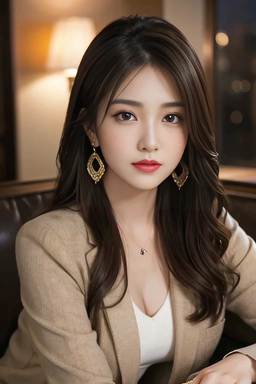 masterpiece, Highest quality, Realistic, Very detailed, Finer details, High resolution, 8k wallpaper, One beautiful woman, Wear a nice suit, In a great restaurant, At night, Light brown messy hair, Perfect dynamic composition, Beautiful and beautiful eyes、Big earrings、Sit on a chair、