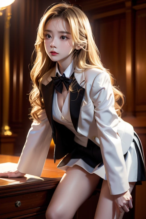 ((A girl changing clothes in the classroom))、((Rear view))、((look back)),Top quality work、Actual work、Ultra Premium Graphics、8K HD CG WORKS、High Quality Graphics、High resolution CG work、10x pixels、Ultra-fine details:1.1、High level of technical detail:1.1 Photorealistic、Natural light:1.5。Light effects(Virtual Light Effects:1.8)、長いSilver Hair、Silver Hair、Transparent hair、Hair with attention to detail(Premium Hair Detail:1.1)Clear Eyes、Beautiful double eyelids、Sharp eye make up、Delicate eyelash makeup、Thin eyebrows、Highly detailed eyes、High nose、Nice red lips、Rosy Cheeks、Subtle makeup face、Cute Face、Perfectly Proportioned Face、(Advanced Facial Detail:1.1)、girl、Like a fairy in a painting、slim and sexy legs、Beautiful delicate beautiful face、Like a finely carved piece of jade、It shows patience and wisdom。the nose is straight,Cherry Lip Color、Her face is clear,Her skin is as white as jade、Gives a healthy glow,Her makeup is light and subtle,Not too decorative,A light-toned foundation enhances the clarity of your skin.,eye make up:Eyeshadow and eyeliner,Make her eyes bright and cheerful、Adds a touch of glamour and sophistication、((high school girl))、((White Blazer、Chest))、(White blouse)、(Red tie)、(No skirt)、((White T-back panties visible))、Her hair is casually tied back,It is fixed with hosta,A few strands of hair are swaying gently in the wind,Add a little softness、Attract everyone、Elegance、Mystery、Strength、(Shooting from below)、(Pull up your skirt)、((Lift-up skirt))、