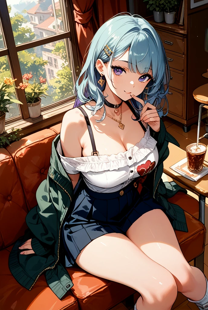 kiriko overwatch , thighs, full body, high heels, nude tits, sitting, blue jeans, wide hips, green hair, open white blouse