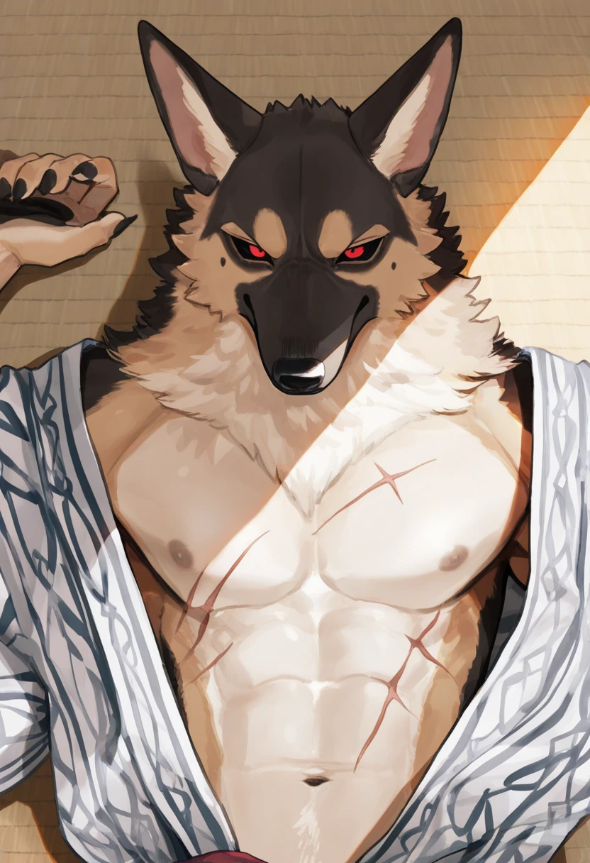 (dark skin的Wolf),(Black and white yin and yang General battle robe),(Holding a long sword),Strong stance,Half squat,(背景是一个黑雾缭绕的Castle:1.2),(abdominal muscles),Sly laughter,A perfect masterpiece,Various facial details,Perspective from a distance,specific description,masterpiece,CG,(Golden Eyes),Black and white pattern,Black Tail,General,Heroic Stance,Wolf,Black fur,Specific facial details,Half Body,(Chang Ling),((middle aged)),(Face Focus),(16K),HD,Black belly,Castle,(Facial lines),Different students,(No shirt),(Black and white hair),(Strong),(muscle),(high resolution:1.3),(站在黑暗Castle里),(close up),(Delicate face:1.5),Perfect details,(Half Body),(Facial details:1.5),(Zoom in on the face:1.5),(white Facial lines:1.2),(black beard:1.3),(white face;1.6),Gray body,(dark skin),(Dark cheeks:1.3),Strike a pose:1.3,