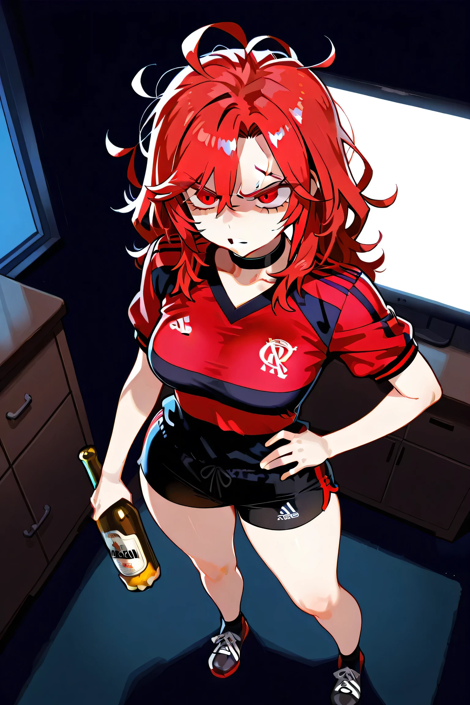 (masterpiece:1.0), best quality, ultra detailed, 8k, (modern anime art style:1.1), (anime character:1.0), (cel shaded:0.9), (highly expressive:0.8), solo, 1girl, young woman, (approximately 26 years old:0.7), mature body type, semi-wide thighs, C-cup , (black messy hair:1.0) with (subtle crimson red streaks:0.9), wild and disheveled hair, (intense furious angry expression:1.1), (enraged:1.0), (furrowed brows:0.9), (narrowed glowing red eyes:1.0), (gently bitten upper lip with small scar:0.9), (gritting teeth:0.8), detailed face, distinctive facial features, wearing: (black casual shorts:0.8) with red trim and red drawstring, comfortable fit, (athletic football jersey:1.0), (classic Flamengo inspired kit:1.1), (bold black and red horizontal stripes:1.1), (red V-neck collar:0.9), short sleeves, (three white stripes on shoulders:0.8) (Adidas style), (white oval-shaped emblem on left :0.9), (large white text block on center :0.8), (Flamengo inspired, no actual brand logos, no actual club crest, no actual sponsor names, but visually consistent with Flamengo jersey:1.0), athletic fabric texture, clean shirt, no garbled text, pose: (holding a generic glass beer bottle in one hand:1.1), (beer bottle in hand:1.0), other hand firmly on hip, (confident stance:0.8), full body shot, camera angle: (dramatic high angle shot:1.0), (from above, looking down:0.9), (dutch angle:0.8), (canted angle:0.7), cinematic shot, sharp focus on character, setting: (dark modern living room:0.9), (minimalist furniture:0.7), (blank television screen:0.8), (empty TV stand:0.7), (no electronic devices on furniture:0.8), (muted background colors:0.6), (dim daylight through dark windows:0.8), uncluttered, subtle ambient light.