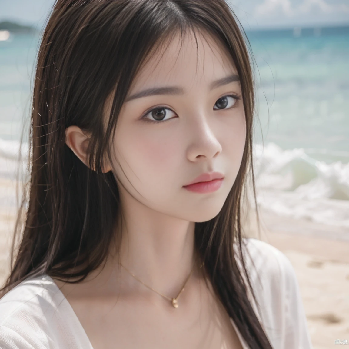 (masterpiece:1.2, highest quality), blur the background,Photographed with a wide-angle single focus lens,1 high school girl, (big boobs), close your eyes, brown hair,bright eyes,face turns red,Highly detailed face and skin texture, healthy skin,Make a kissing face, (beach),4K resolution