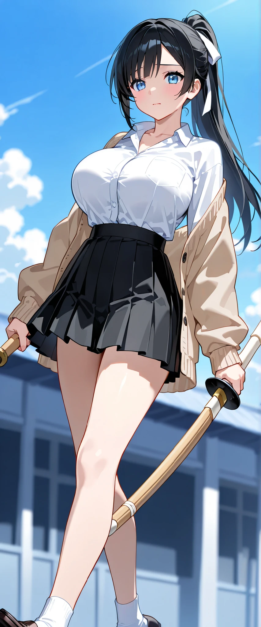 masterpiece, Highest quality, Sophia Estido, Barrette, Pink Shirt, corset, Pencil Skirt, stockings, Knee-high boots, standing, ((Holding a sword in his right hand)), Combat pose、Spread your legs、Bend both knees slightly、Quiz Formula, Looking at the audience, rocky coast, big, null, (Squat:1.5)、(Spread your legs:1.5)、((Showing white panties))、Good lift、Showing off a white bra、Troubled face、climax、Excited、close your eyes、Open your mouth、ahegao、Sword Drawing Technique, Battoujutsu、Red cheeks、Shirt lift、Place your heels on the ground