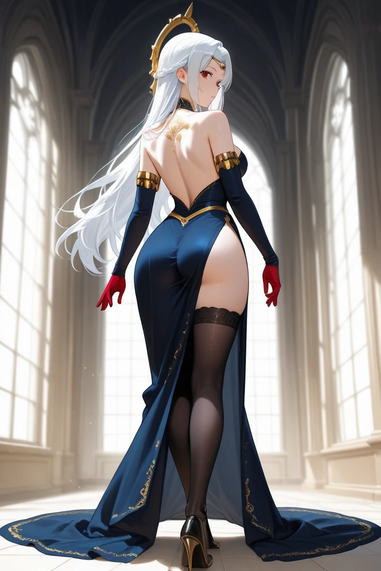 masterpiece, sidelighting, finely detailed beautiful eyes: 1.2), masterpiece, realistic, 3d face, lustrous skin,
black gold theme,gleaming eye, full body. white building background, thigh, transparent cloth, dress, (back view), big ass