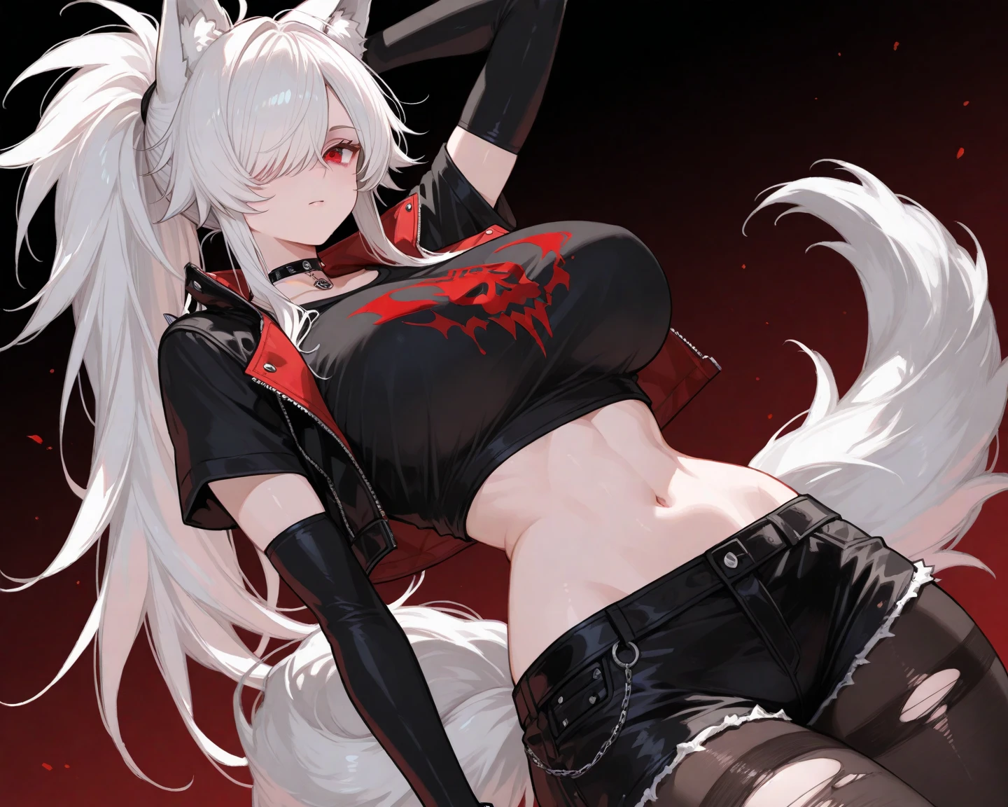 An adult woman half fox and wolf, wide breasts, red eyes, white hair, very angry, in a black little open dress, holding a sword