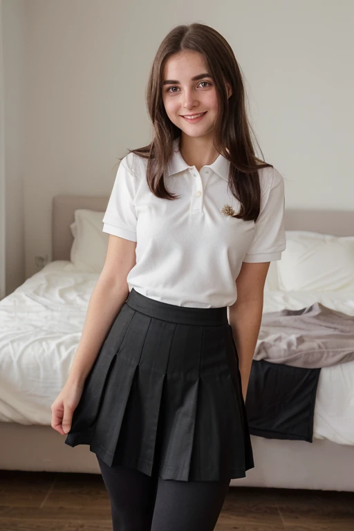 a closeup, ​masterpiece, top-quality, FULL ANATOMY、Raw foto, Photorealsitic、(Cute little face:1.3)、(Very cute smile:1.7)、(with round face:1.9)、(She has a cute face like an idol:1.3), A dark-haired、(Wearing a school uniform:1.4), depth of fields, hight resolution, ultra-detailliert, finely detail, ighly detailed, extremely detailed eye and face, Realistic pupils, foco nítido, Cinematic lighting、19-year-old woman、(One lady、独奏)、 poneyTail、Curly hair、Very detailed 8k wallpaper、Plaid pleated skirt、Show me your whole body、(Plump panties:1.3)、Cute panties in light colors、(Panties are visible from the skirt、Lift the hem of the skirt with both hands、Showing her panties to the camera）、is standing、Angle from below、(Thigh close-up、cammel toe:1.3)、(Nice figure、big breasts thin waist、Kubire、Clothes with emphasized chest bulge:1.3)、depth of fields、Bokeh in the background、bedroom、a bed