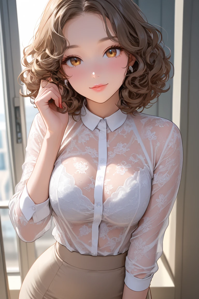 (masterpiece, Realistic, Highest quality, 8k), (1 female), mature, (blush), (Wearing a nurse cap and uniform), Pink Bob, Sticking out tongue, orgasm, Black PVC gloves, (Big and ample breasts), (background: hospital)