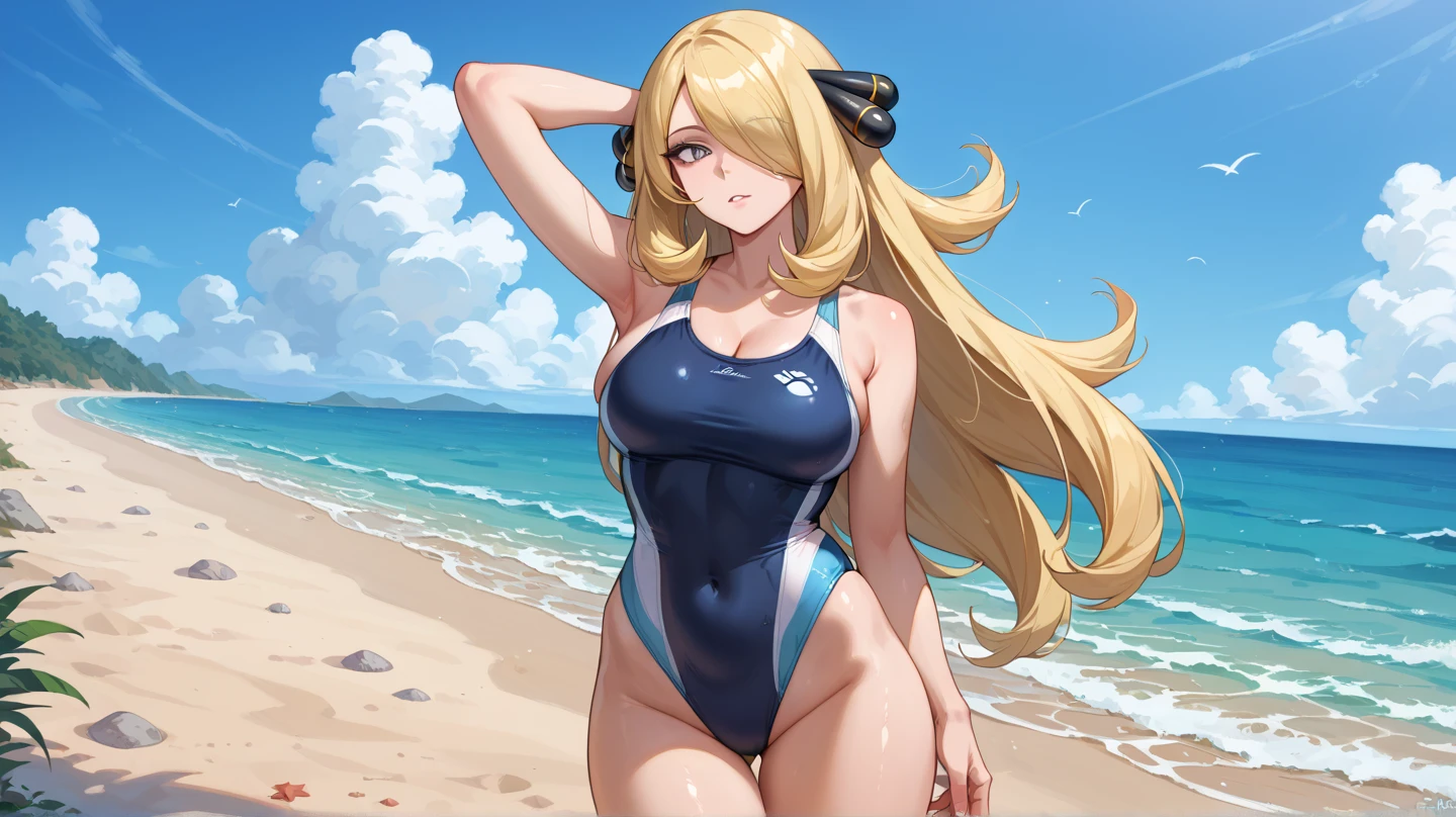 masterpiece,best quality,1girl,mature female,lusamine,blonde hair,yellow eyes, half-closed eyes,very long hair,(hair over one eye:1.3), a come-hither face, parted lips, nose blush, blush, gold latex swimsuit(highleg), , cleavage, covered nipples,glowing eyes,in the beach, day, standing, come-on,lure , spread legs