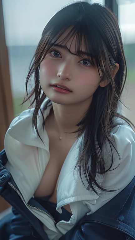 Realistic, Photogenic, With the sea in the background, Wearing uniform, Top button of the shirt is undone, Exposed breasts, the skirt is short,、Slightly above the thighs, Mid-length hair, Hair color is a blend of blonde and brown, Hair blowing in the wind, My hair is messy and disheveled, Severely sunburned skin, Medium build and slightly chubby, Skinny Chest, Bold, bright makeup, Small Mouth, Small Nose, Smooth jawline, Glossy face, Cheeks stained red, Open mouth and big smile, make out, Having a great time, , Detailed eyes, Oblique eyebrows, Detailed lips, Close-up photography, photoRealistic, Very detailed, 8k, Highest quality, masterpiece, Vibrant colors, Dramatic lighting, Structure of the film, Digital Art