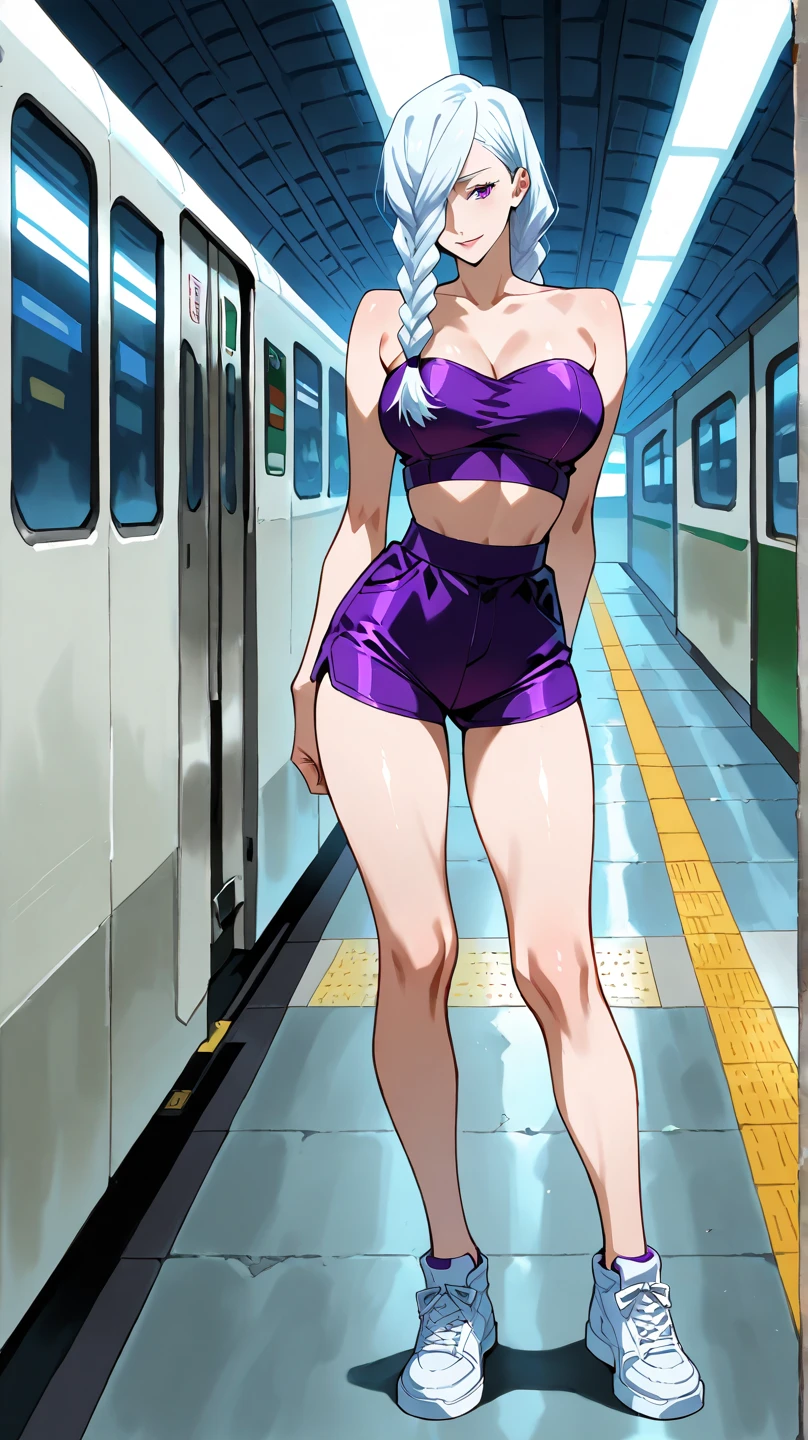 Fit Caucasian woman, in green pink and white striped bra, green pink and white striped high cut panties, in locker room, anime art style, intricate details