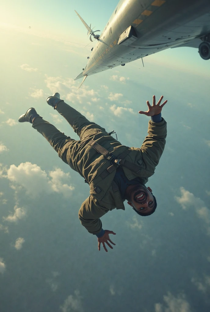 hogtie bondage, bald muscular man, Bane from TDK, half respirator, view from side, low angle, skydiving, boots, backpack, cinematic lighting, wide angle, cargo plane in the background, masterpiece, best quality, <lora:sdxl_hogtie_v2-step00001500:1.2>