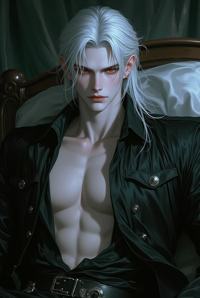 ((portrait)) ((stripped to the waist)) ((handsome man)) ((long straight platinum hair)), blue eyes, tattoos, dominant, sitting on the couch, piercing, seductive look, long platinum hair.