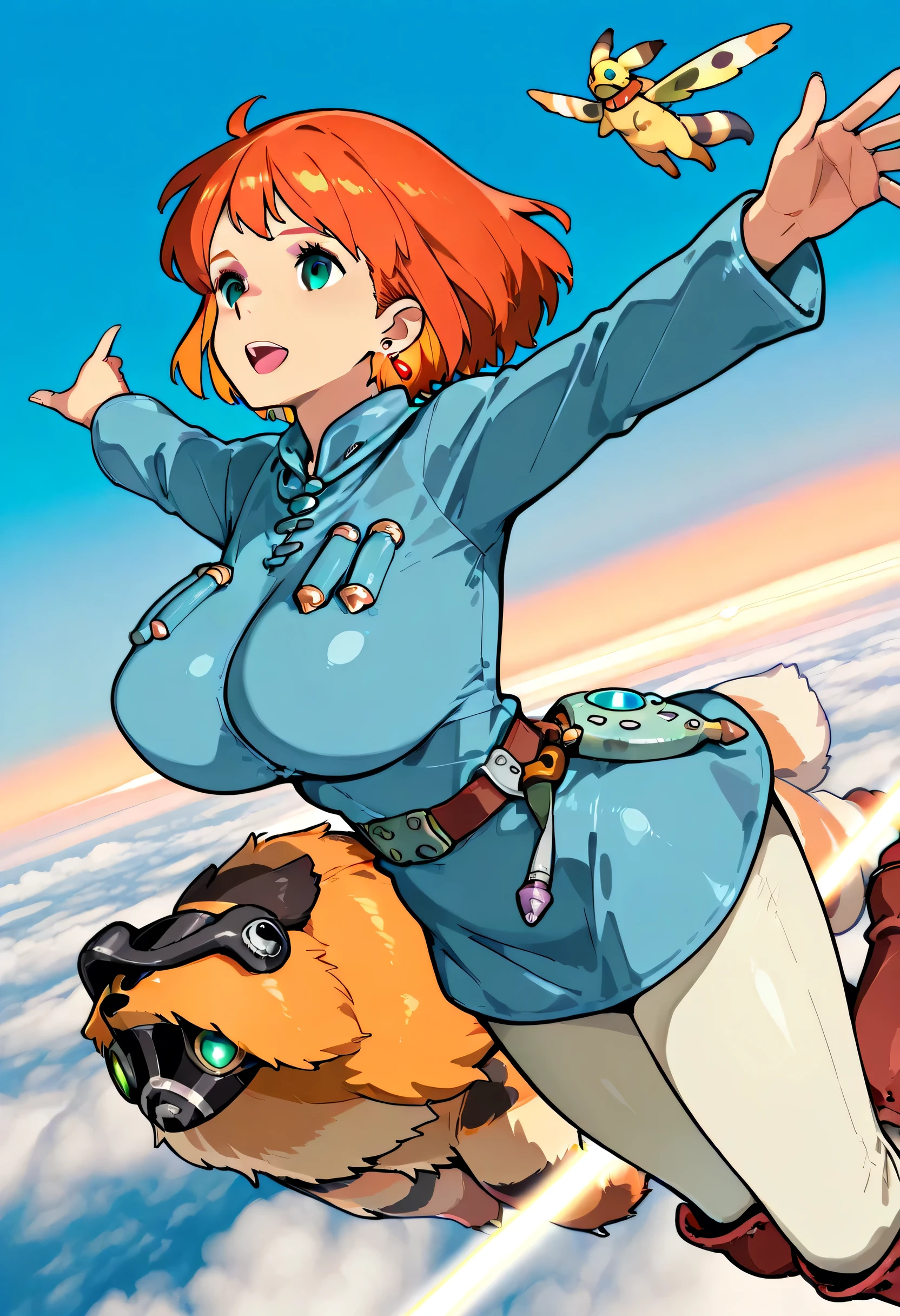 (((Nausicaa with orange hair is flying in the sky with open arms)))、huge breasts、