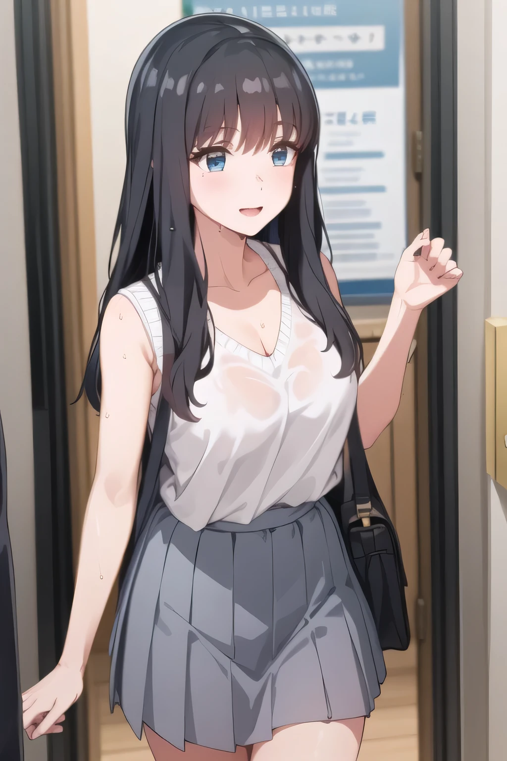 I definitely need a face,black hair long hair,White hair band,,Pleated Mini Skirtミニスカート,Exact hand and foot representation,My nipples are sharp、、When wet, it becomes transparent ,can you draw a woman with a nice smile,dark blue pleated skirt,Please draw her expression more delicately,walking alone, city tour ,,(((She's casual touristy))), ,(Let's draw a more delicate look),(sleeveless wool sweater),( Pleated Mini Skirt,white panties),(That work is enough for one person , can you picture an attractive 20 year old woman jumping out of her uniform, , Big breasts, Thin Waist , , ,
