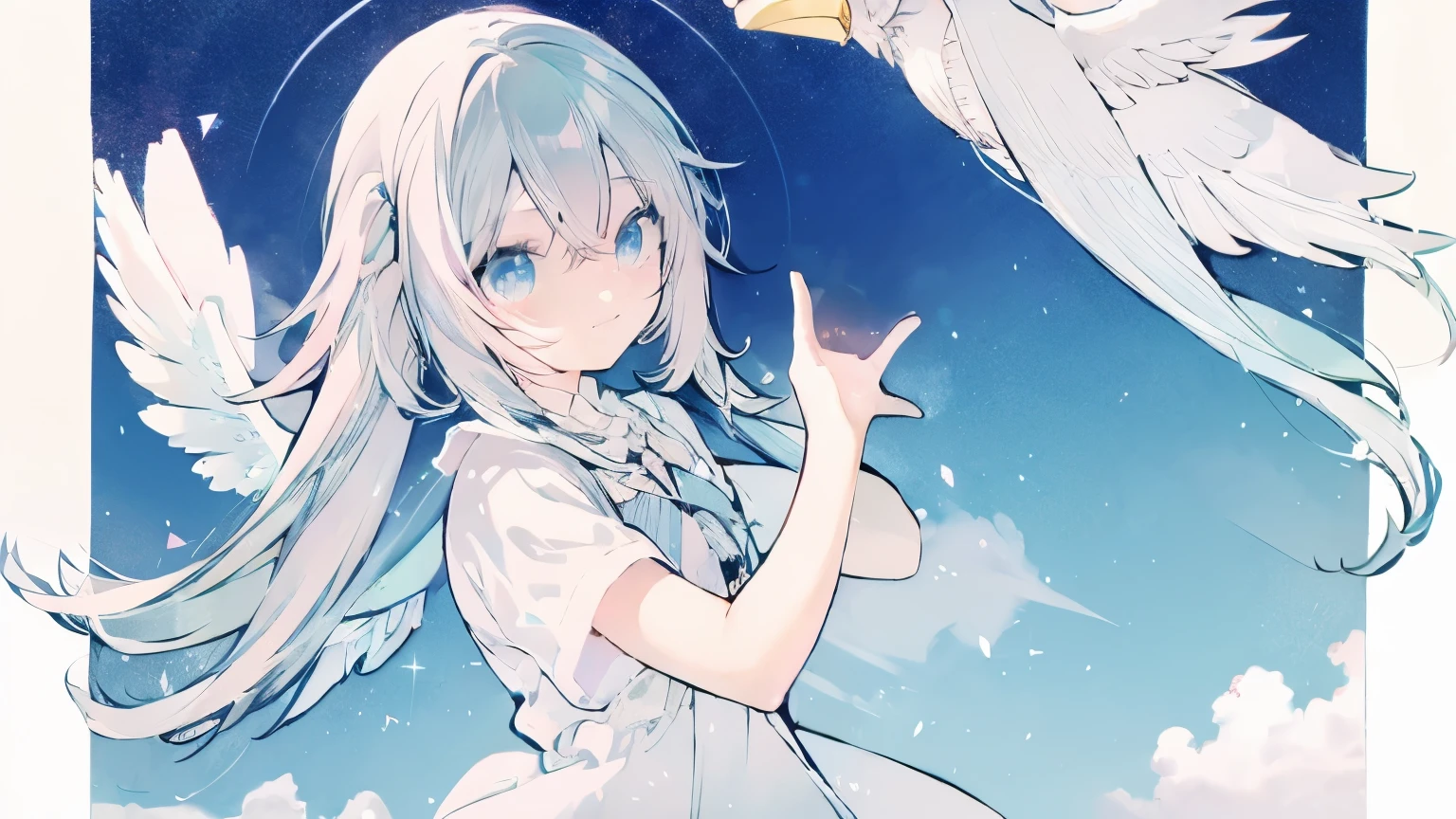 Light pink and blue odd-eye eyes with long gray hair, clean, beautiful, cute , flapping her wings, ta dress, Pegasus, Prism, Light Heaven, Seijo, Aerial Plush