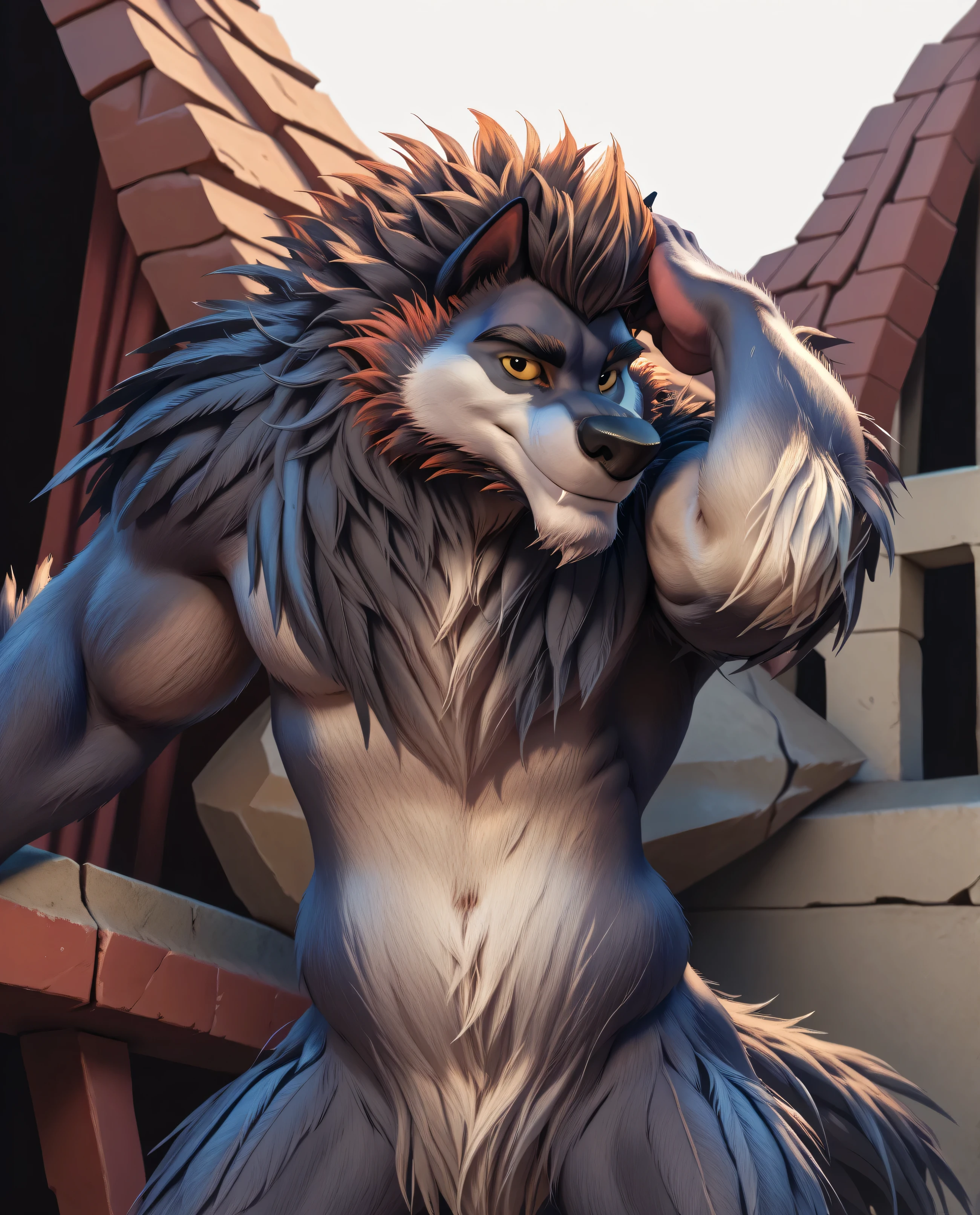 Flasheart Lupin (100% Wolf), yellow sclera, solo, detailed, detailed face, black eyes, anthro body, male, adult, muscular, cartoon shading, cel shaded:1.0, flat colors, (no background, white background):1.5, shirtless, wfa style, negger style, cartoony anatomy, above waist, looking at viewer, posing, smile put buff body