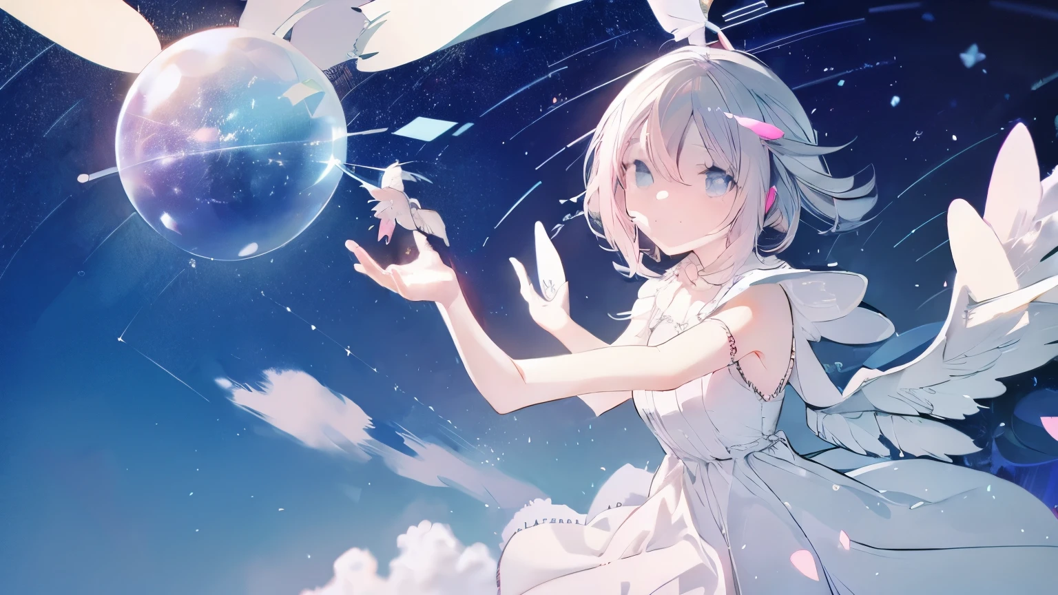 Gray hair, long grayish, light pink and blue eyes, neat, beautiful, cute , flapping her wings, ta dress, prism, light heaven, saint, aerial plush toy, ring of light