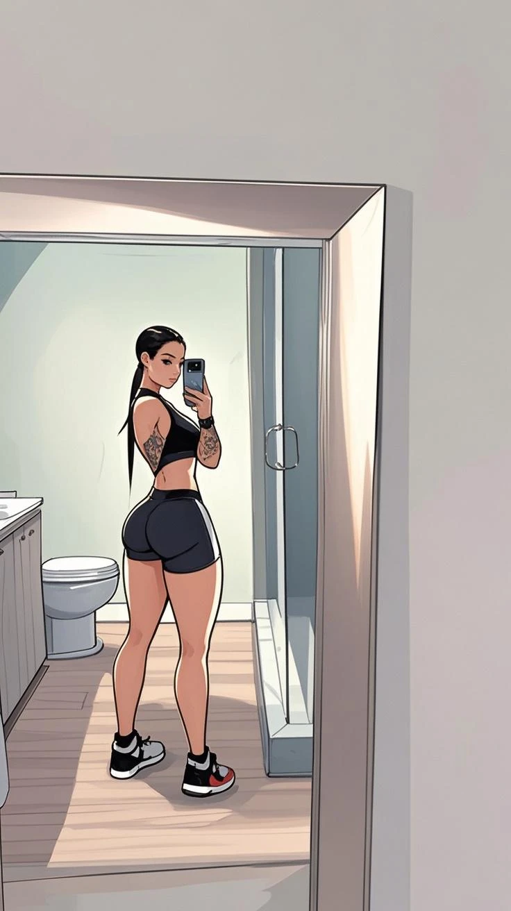 1 young girl, thick legs, big butt, Brown hair, (in a gym)