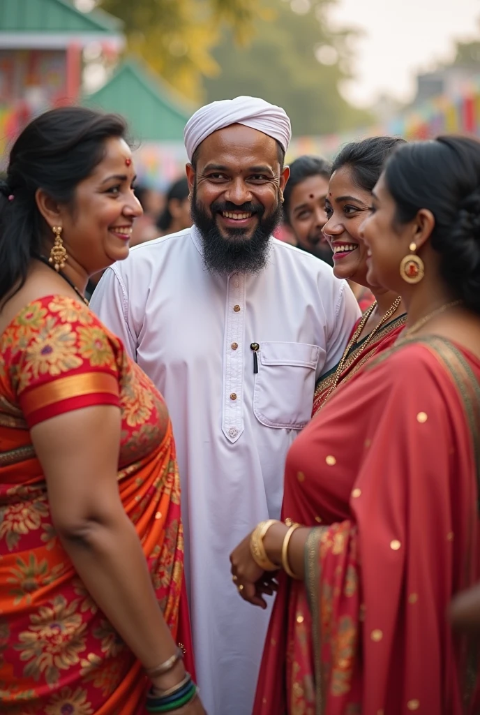 Young muscular Hindu pandit, pregnant muslim girl wearing black burkha,together enjoying the festival of holi with two kids 