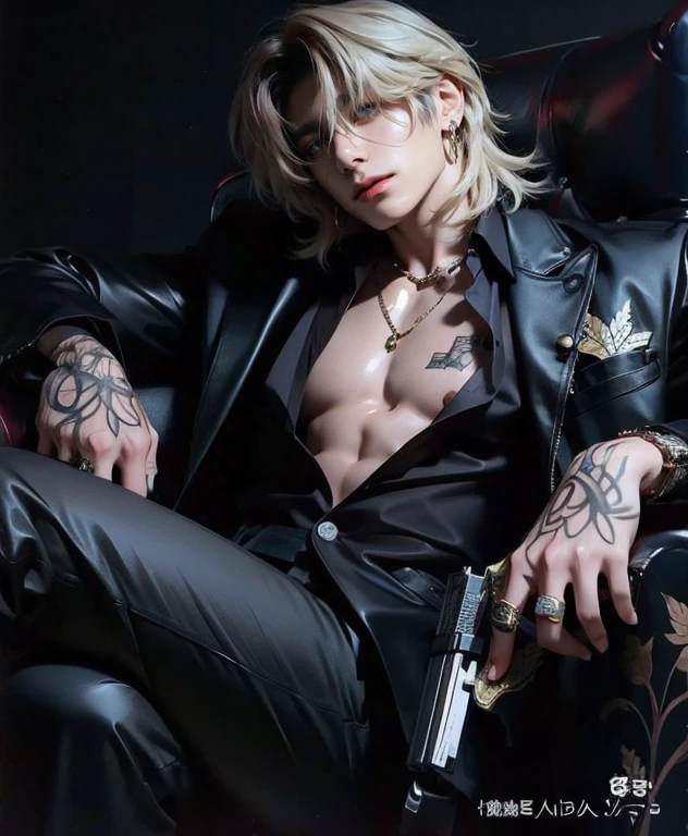 1boy,11 only、Man's ,silber hair、 Collar,tattooed、Upper body naked、Leather pants、Moon Night 、London、traffic jam、Large crowds,hightquality、masutepiece,8K,