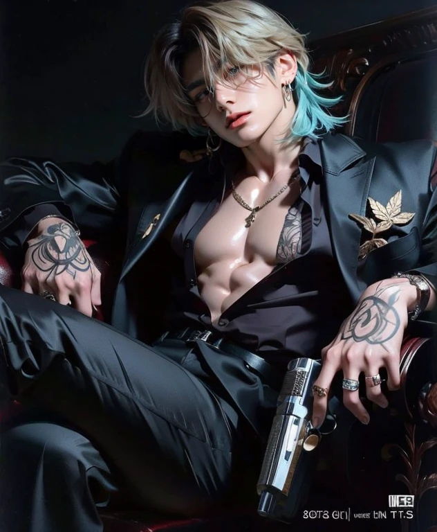 Garoto jovem, cabelo branco e preto, olho esquerdo roxo, olho direto preto, Neck tatoo, roupa de pano
