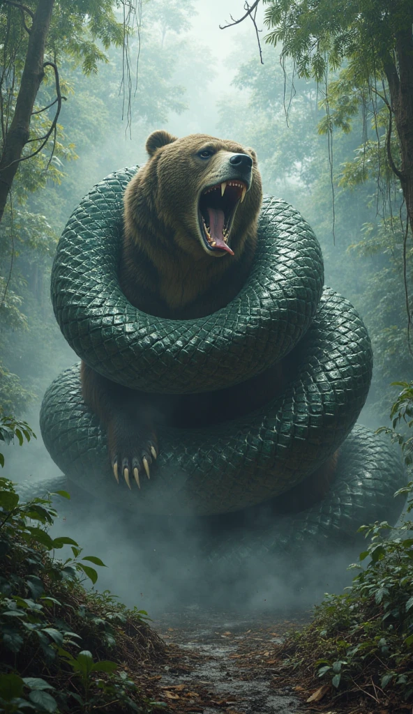 A bear attacking with power and ferocity an anaconda the fight is happening in a swamp environment