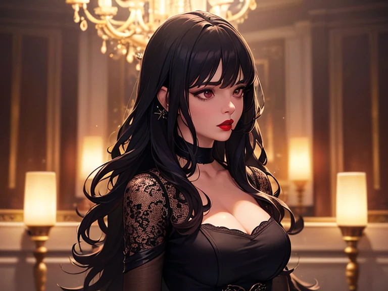 Tekken-style female character, yellow eye irises like a snake's, short black gothic style hair with long bangs passing from the shoulders, soft bangs on the forehead and short back haircut exposing the nape of the neck, soft cornrow near the ear with a small black rose adorning the hair, wearing elegant gothic dress