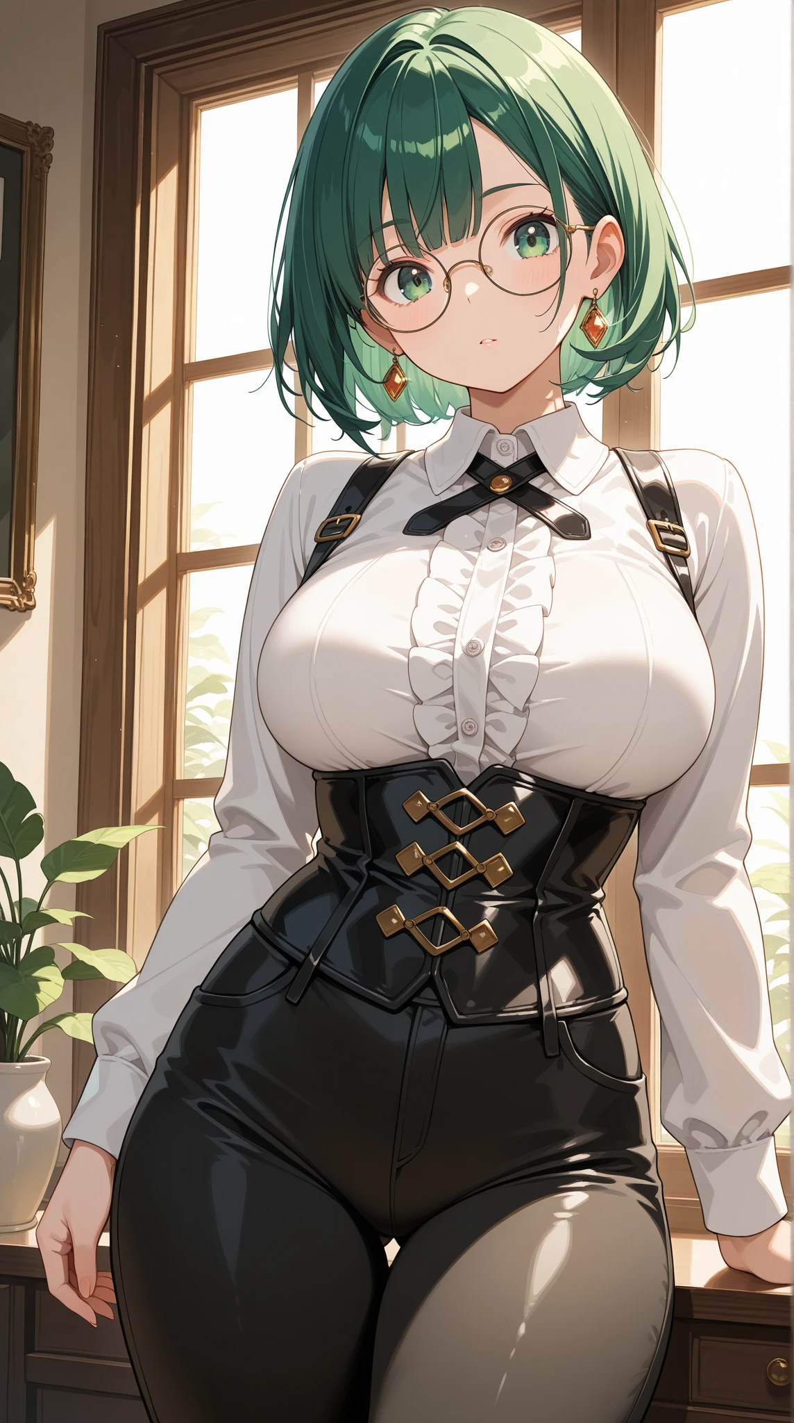 Girl with short green hair, Small size breasts,、Green Eyes, 、,Full body photo from head to toe、OL、office、、A big smile、Uplifting、The best smile、Introducing customers、Clerical work、Stylish Glasses