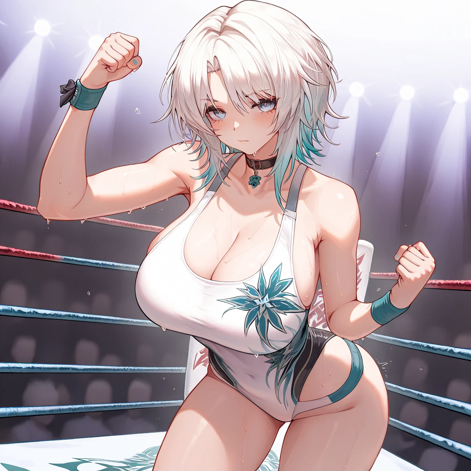 (((masterpiece))),(((best quality))),(ultra-detailed,high resolution:1.2),(illustration),((an extremely delicate and beautiful)),(detailed background), POV, cowgirl position, bouncing breasts,(((man of top))), (((head back))), tongue out, pussy, vaginal penis, (((motion lines))), (((vulgarity))), motion lines, (((wrestling ring))), ((1girl)and(1boy)), hetero, (1girl,tall stature),((((Bronya Rand/(Honkai:star rail/)))),official alternate costume, (slender body:1.4), (long hair,drill hair),grey hair,hair between eyes, grey eyes, (large breasts), pale skin,shiny skin, ((((ahegao)))), (rolling eyes:1.4),(trembling), ((She wears dress,white dress, black silk stokings,leggings,black footwear, thigh boots, elbow gloves,black gloves, long sleeves, sleeveless, jewelry,earrings), (cum in pussy:1.4),cum on clothes,cum on breasts,excessive cum, clothing aside, clothed, (1boy,tall stature:1.4), ((((tartaglia/(genshin impact/)))),large penis, [[[[he looks smug]]]], text,