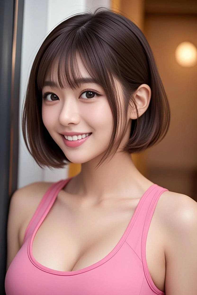 cute japanese college student、21 years old、Super detailed face、Attention to detail、double eyelid、Beautiful thin nose、Sharp focus:1.2、Beautiful woman:1.4、(Maroon brown hair、Short Hair)、(Detailed facial features)、Brunette eyes、natural bangs、White skin、highest quality、masterpiece、超A high resolution、(Photorealistic:1.4)、Highly detailed and professionally lit smile、looking at the camera、Medium Bob Hair、Bright lighting、Professional Lighting、Smooth lighting、One person is standing、(Trendy long sleeve cycling jersey), Black shorts
