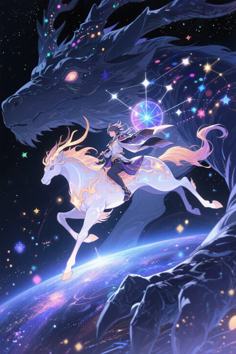 Legendary mount, universe, Flying on a giant universe creature, Stunning constellation, Close up shot , assorted lights, anime style, masterpiece, hd, 4k, amzing art