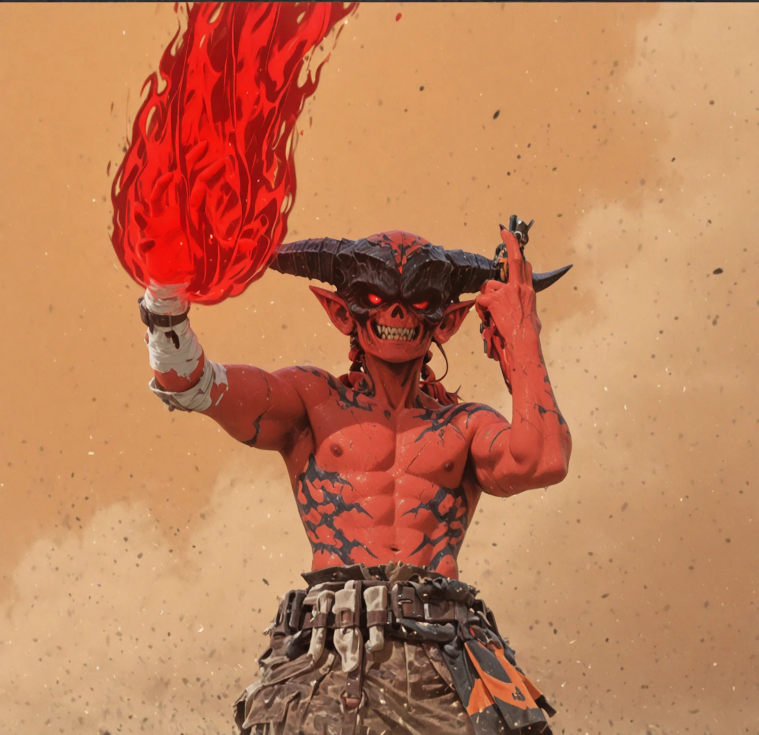game screenshot, ((solo)), anthro male ifrit, expressive, dynamic, good anatomy, attractive, Abs, pecs, sprite art, fighting pose, torn clothes, badass, feet, nipples,