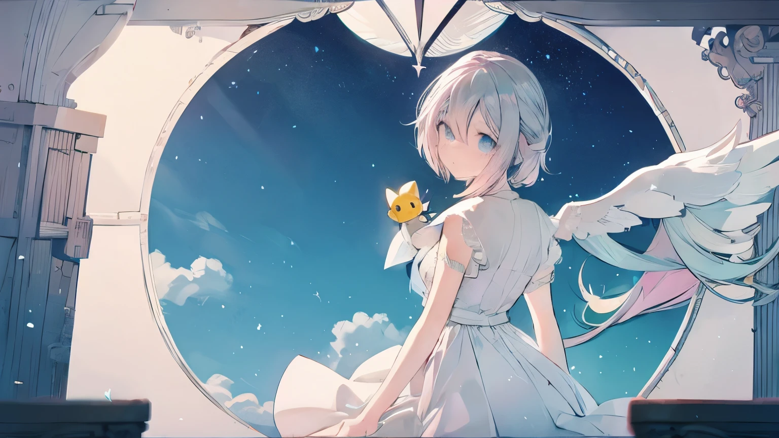 Gray hair, long grayish, light pink and blue eyes, neat, beautiful, cute , flapping wings, ta dress, prism, light heaven, saint, aerial plush toy, ring of light, soft light