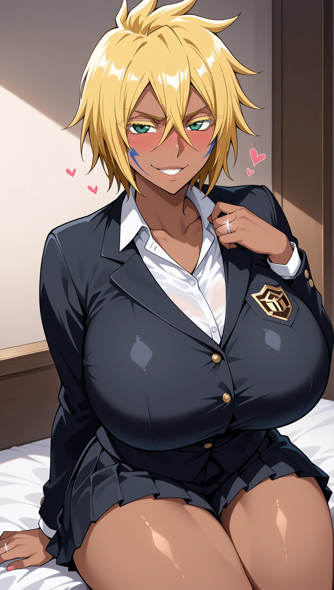 score_9, score_8_up, score_7_up, score_6_up, score_5_up, score_4_up, (source_anime), 1girl, huge breasts, looking at viewer, smile, fang, black clothes, short hair, shirt, midriff, yoga pants, thong, blonde hair, gloves, hat, cleavage, hair between eyes, collarbone, black gloves, orange eyes, grin, uniform, black shirt, pocket, breast pocket, partially unbuttoned, indoors, military, military base, upper body, purple theme, dark skin, sitting on table, legs crossed