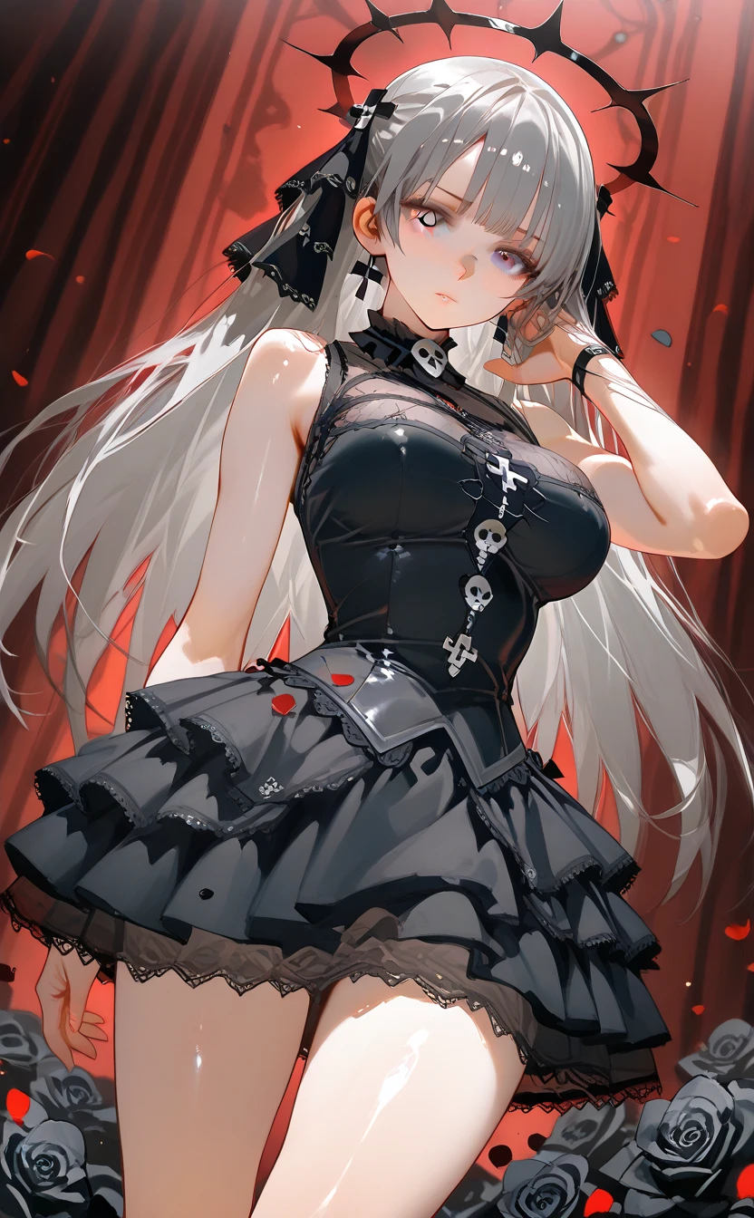 A 2 gothic punk goth girl, perfect face, beautiful Asian woman with long White hair in curls and coils, very cute and beautiful girl, (highly detailed beautiful face), high detailed fingers, (Blood Red corset with detailed frills), detailed face, detailed fingers cowboy shot, looking at viewer, ((sexy Punk Lolita cosplay)), unconventional skirt, petticoats, high neckline, ((ultra detailed lace)), ((ultra detailed embroidery)), intricate details, tartan patterns, ((silver chains)), ((silver spikes)), ((safety pins)), Punk Lolita  Punk Lolita choker, ((large sparkling Punk Lolita, cinematic light, detailed gothic house background 