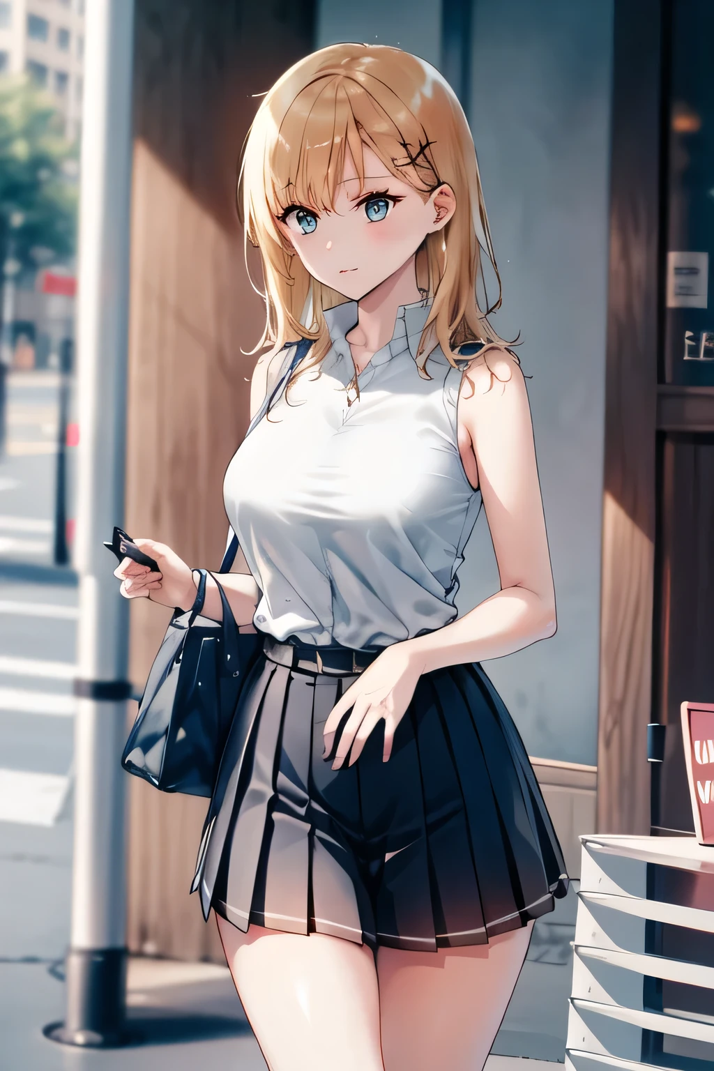 blonde long,dark blue pleated skirt,can you draw a more delicate expression,walking alone, city tour ,,(((she is wearing casual tourist wear))), There are no hands ,(Let's draw a more delicate look),(sleeveless wool sweater),( Pleated Legs,white panties),(That work is enough for one person {X} is very important for work)、 That alone is a great enough work,don't frown。unless work requires it。 {X}、 , An attractive 40-year-old adult woman jumps out of her uniform, big black wavy hair, , Big breasts, Thin Waist , , ,