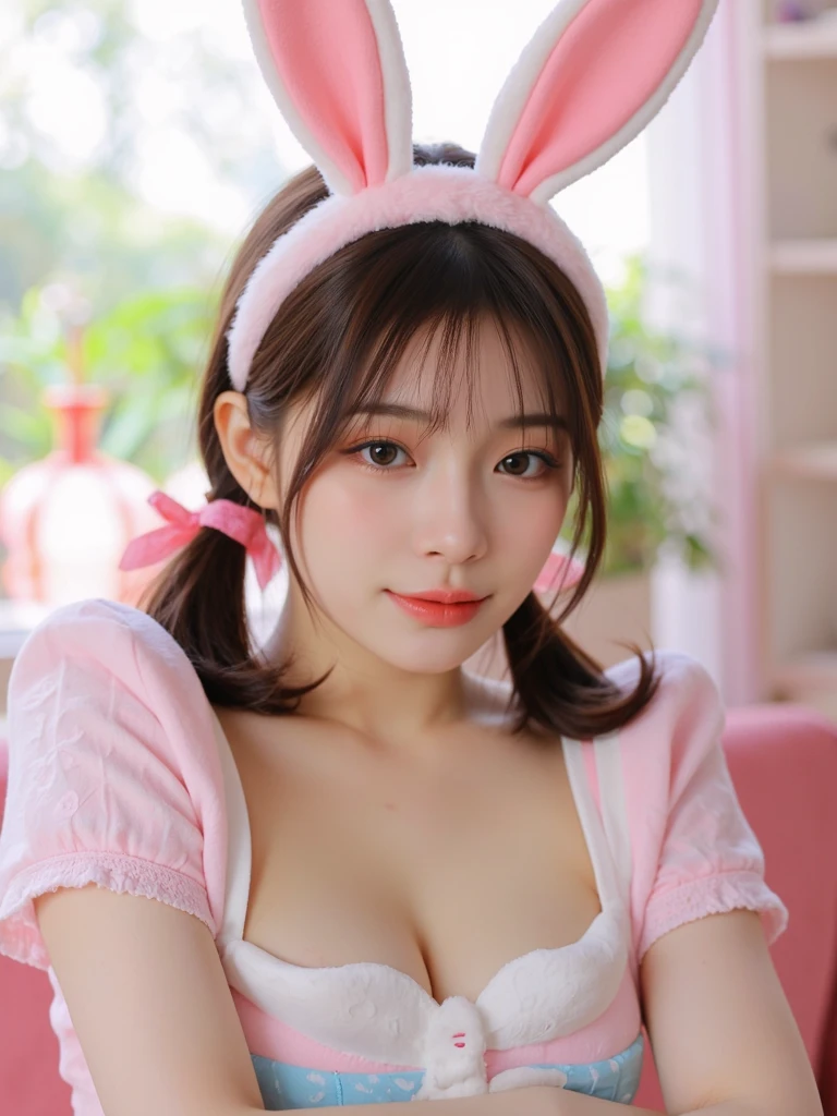 ((highest quality、8K、masterpiece:1.3))、1 girl、slim face、Beautiful woman、(dark brown long hair)highly detailed face、detailed eye、double eyelid、blurred background、slim face、city、Take-out、street、highly detailed faceと肌の質感、detailed eye、double eyelid、laughter:1.5、、(Bunny ears)(Gothic Lolita、Metallic Color、blanche、black、there's pink there)、(Maid clothes、Metallic Color)、whole body、super miniskirt cleavage、panties、have chocolate for valentine、🍫💝