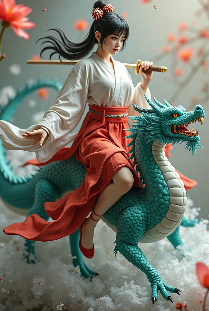 Best quality at best，tmasterpiece，illustratio，The is very detailed，1 girl riding a dragon，1 White Chinese dragon as background，Beautiful Meticulous Girl，very detailed eyes and faces，light in face，cinmatic lighting，looking at viewert，Rainbow candy，ssmile，full bodyesbian，full_Body lens，（from the front side：1.2），（（（A majestic））），afloat，blue-sky，steins，blue-sky，chinesedragon，Glow blue，Clouds，Traditional Chinese elements，Chinese red，Traditional Chinese hair accessories，elegant hair，Floating ribbons，Martial cloak，Technique，（martial art：1.2），Hanfu