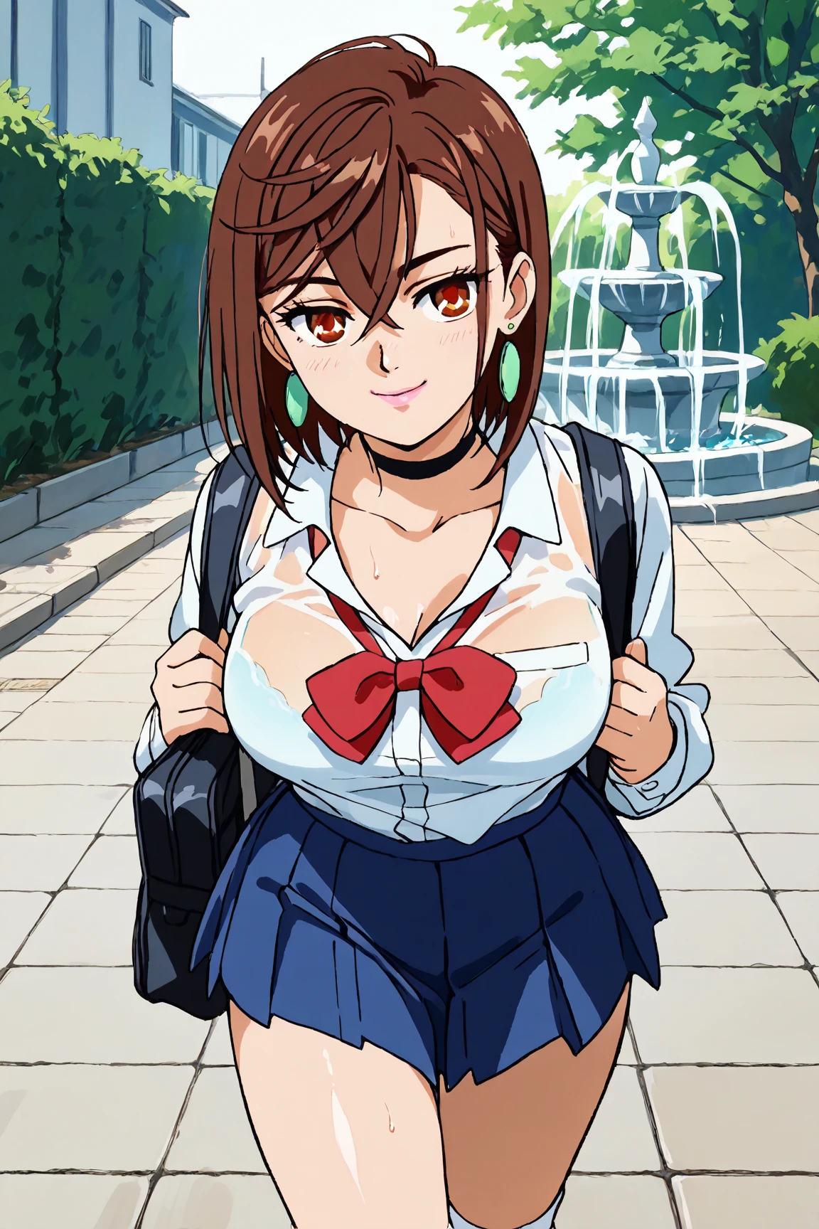 absurdres, highres, ultra detailed, high quality, (1girl:1.3), azumanga daioh's school uniform, huge breasts, brown eyes, brown hair, glasses, mizuhara koyomi, azumanga daioh, long hair, long sleeves, pink shirt, pleated skirt, red skirt, school uniform, serafuku, frown, wide hips, thighhighs, breast curtains, curvy, no bra, gigantic breasts, thick thighs, thighs, classroom, masterpiece, collarbone, large breasts, blush, indoors, blurry background, large hips, huge butt, crouching with her legs open, erotic panties
