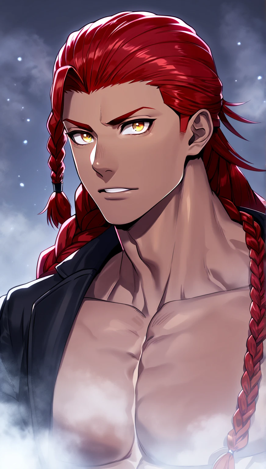 (masterpiece, best quality:1.2), RAW photo, (realistic, photorealistic:1.2) man, red long hair, black eyes, gold tatooextremely muscular, (realistic cinematic lighting, detailed shadowing:1.2)