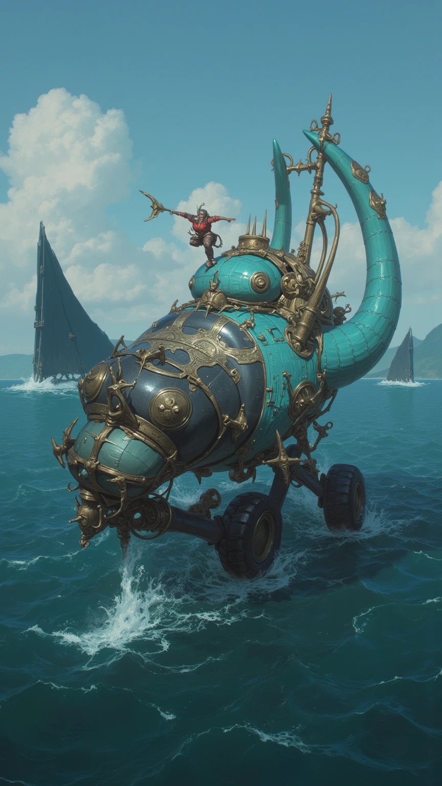 Fantasy world of Hieronymus Bosch with flying friendly huge mechanical snails. Riding a snail beautiful sexy alien girl. Close-up. Flight over the lake. Water splashes, splashes in all directions, laughing merrily. All the characters of the wonderful and funny cartoon Disney Pixar. super realistic. cinematic. Blurred background in motion. light haze --auto --s2