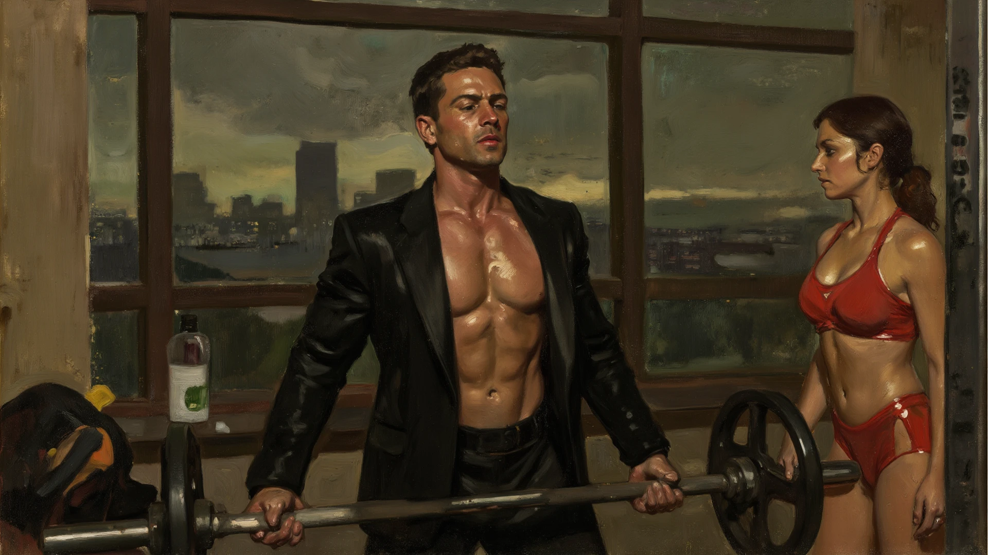 In the iconic art style of jc leyendecker an henry scott tukei, a hyperrealistic, meticulous illustration of a young, slim, and muscular Latino with a strong display of leadership body language and perfectly detailed anatomy. He's illuminated by the warming sun, standing barefoot in the center of a victorian gentleman bar with many victorian men looking at him. The Latino man, with strong muscular legs, a peaceful gaze, and a subtly hidden smile, hints at his athleticism, wearing a swimmer's