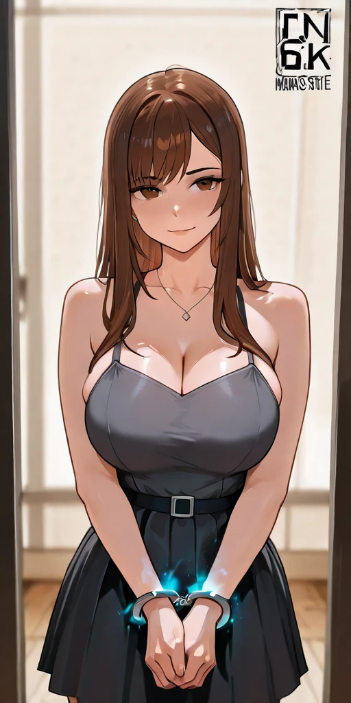 anime girl, ((youthful girl, short girl, slender girl, busty girl, huge breasts, heavy breasts, round breasts:2, long legs, slender legs)). ((Pink-brown hair, short hair, long bangs, straight hair, thin low ponytail)), ((Silver-pink eyes, detailed eyes)), ((Cute face, pretty face, youthful face, childlike face, detailed face, finely detailed face)). Simple background, inside, indoors. Pencil dress, tube dress, black dress, off-shoulder dress, off-the shoulder dress, strapless dress, minidress, tight dress, taut dress, skintight dress, cleavage, tight cleavage, bare shoulders, sleeveless dress, bare arms, miniskirt, tight skirt, taut skirt, bare neck