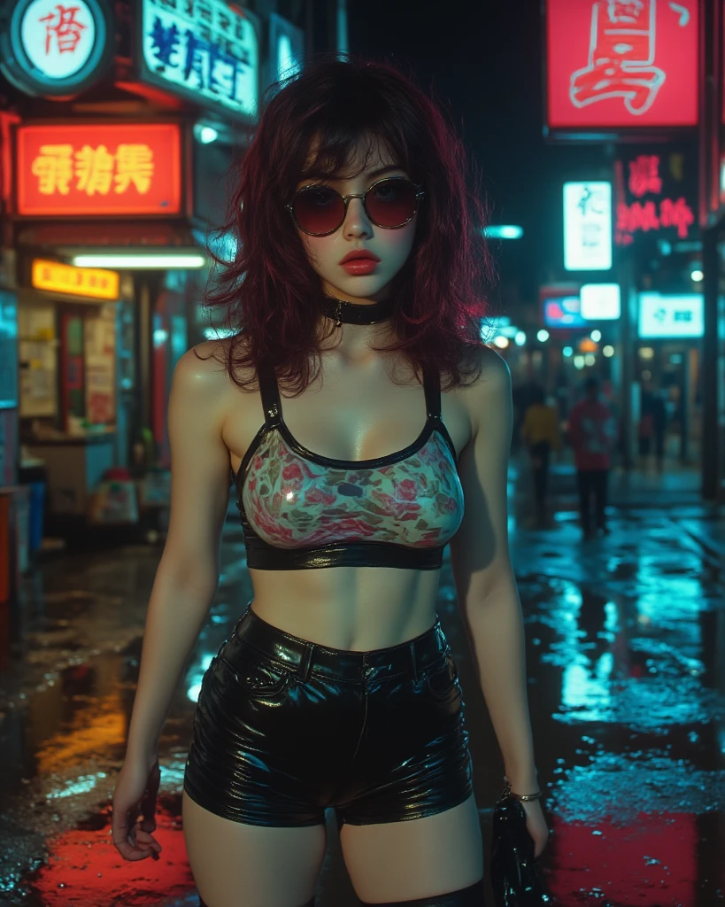 Award-winning photo from the waist up, green-haired woman showing face, alone, from torso up, with cybernetic enhancements with tattoo of magical symbols, in front of cyberpunk buildings, vibrant, photorealistic, hyperrealism, strong impressionist painting style, 1,618, elegant, ethereal, intricate, elaborate, hyper-realism, hyper-detailed, strong expressiveness and emotionality, cinematic lighting, visual clarity